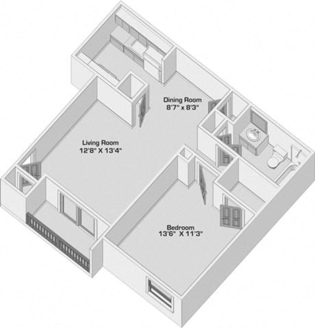 Floor plan for 1 bed, 1 bath, 650 sqft